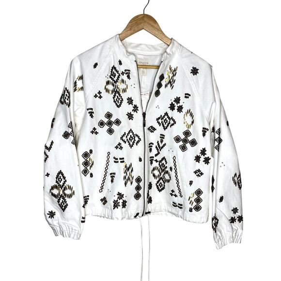 Chicos White Denim Embellished Bomber Jacket Aztec Southwestern NWT - Picture 1 of 10